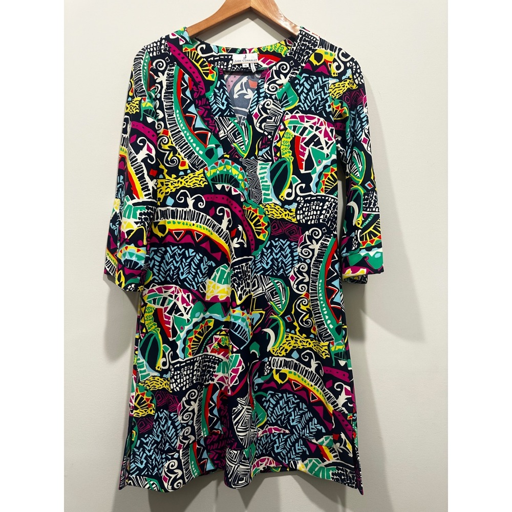 Jude Connally Womens Multi Color Abstract Geometric V-Neck Shift Dress Size S